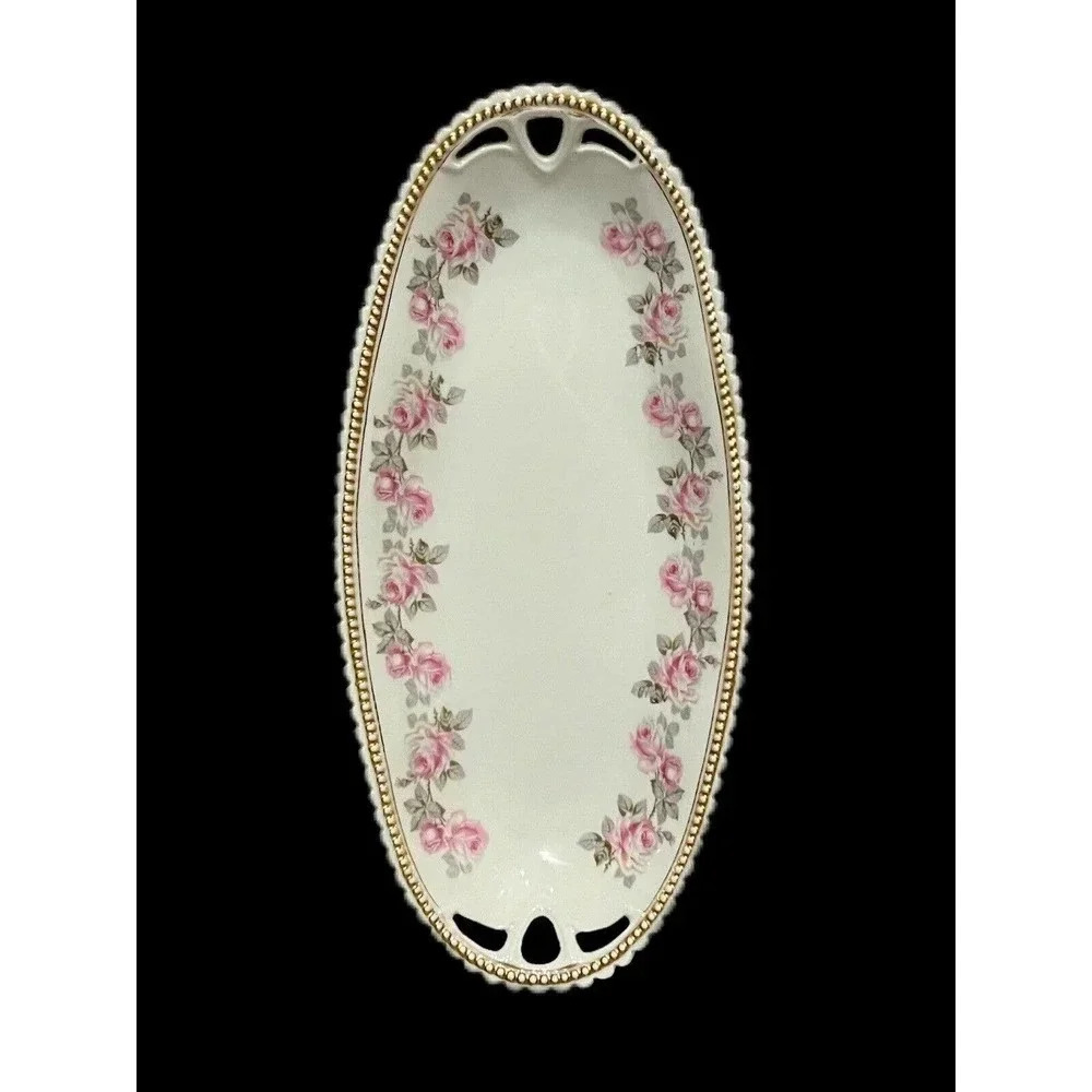 ANTIQUE PK Silesia Porcelain Floral Rose Oval Oblong Relish Serving Dish Bowl